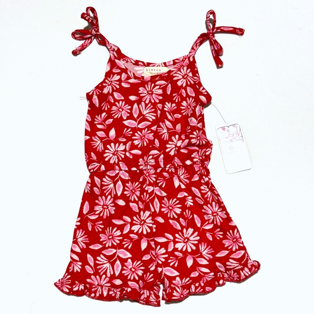 NEW btween baby Girls Red Floral Ruffle Tie Strap‎ Romper Size 12M